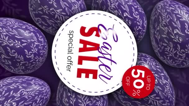 垂直录像 复活节销售横幅折扣率高达50 有图案的蛋春季购物用紫色动画背景 — 图库视频影像