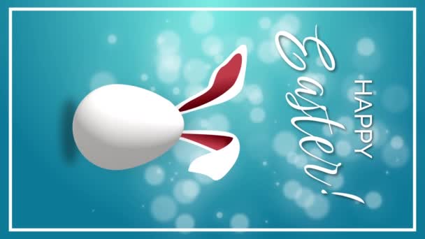 垂直录像 兔子耳朵的白色跳跃复活节蛋 复活节快乐圆形模糊的蓝色背景节庆动画 — 图库视频影像