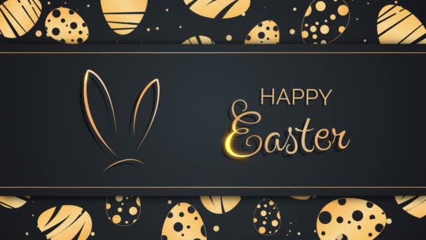 Gouden Paaseieren Met Konijnenoren Feestelijke Wenskaart Met Inscriptie Happy Easter — Stockvideo