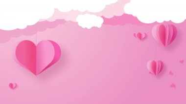 Yüzen kağıt kalplerle dekorasyon ve pembe arka planda bulutlar. Metin için boş alan. Romantik aşk animasyonu. Döngü videosu.
