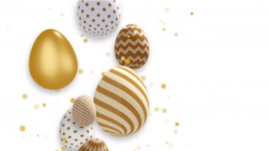 Beyaz arka planda desenleri olan hareketli Paskalya yumurtaları. Altın süs ve parçacıklar. Metin için boş alanı olan döngülü video.