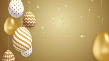 İplerde desenleri olan altın Paskalya yumurtaları. Sarı arka planda parlak altın parçacıkları. Döngülü Hıristiyan bayram animasyonu.