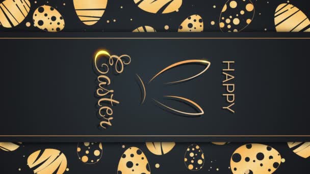 垂直ビデオ ハッピーイースターレタリング イースターバニー耳黄金のシンボル 装飾と黒の背景にループアニメーションスクリーンセーバー — ストック動画