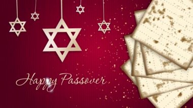 Mutlu Yahudi Hamursuzluğu. Kırmızı arka planda David yıldızı ve geleneksel matza ekmeği. Döngülü tatil animasyonu.