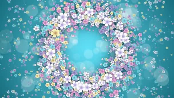 绿色春光背景上的花形圆形框架 有抽象颗粒的小飞花 循环假日动画 — 图库视频影像