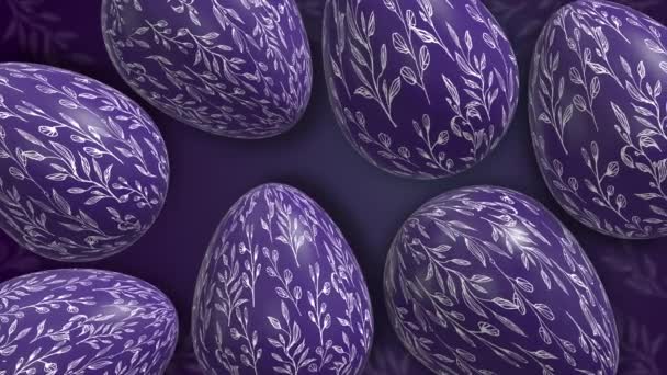 Пурпурные Пасхальные Яйца Раскрашенными Узорами Безмятежный Праздничный Фон Христианский Религиозный — стоковое видео