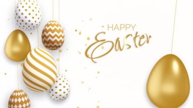 İplerde desenleri olan altın Paskalya yumurtaları. Beyaz arka planda parlak altın parçacıkları. Hristiyan bayram animasyonu Mutlu Paskalyalar.