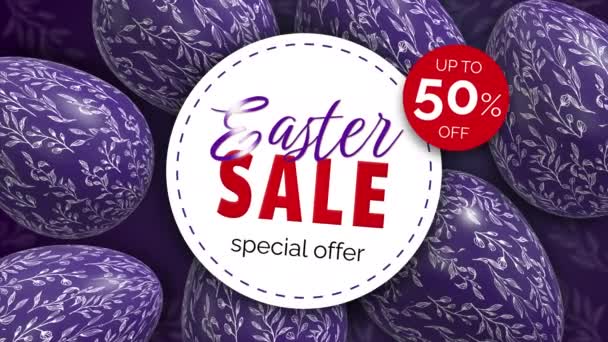 最大50 の割引でイースター販売バナー 模様のある卵 春のショッピングのための紫色のアニメーションの背景をループ — ストック動画