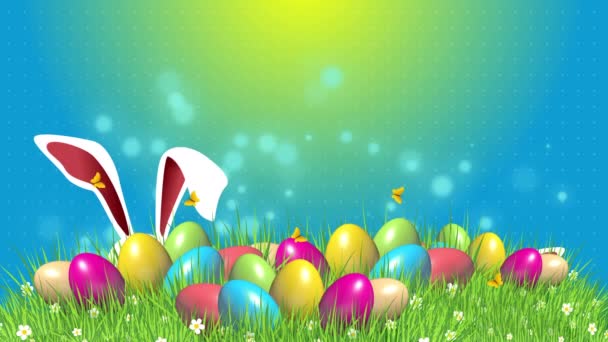 Velikonoční Vejce Zelené Trávě Králičí Uši Abstraktní Modré Pozadí Rozmazanými — Stock video