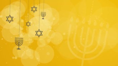 Yahudi sembolleri menorah ve David 'in yıldızı. Bulanık daireli soyut sarı arkaplan. Döngülü video.