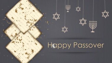 İyi bayramlar. Museviliğin sembolleriyle donatılmış animasyon. Matza ekmeği şenliği. David ve Menorah 'ın yıldızıyla gri arkaplan.
