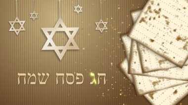 Mutlu Yahudi Hamursuzluğu. David 'in Altın Yıldızı ve kahverengi arka planda geleneksel matza ekmeği. Döngülü tatil animasyonu.