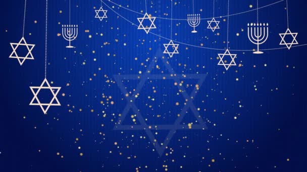 大卫之星和米拉是犹太教的象征 蓝色动画背景上有闪亮粒子的犹太人物 循环视频 — 图库视频影像