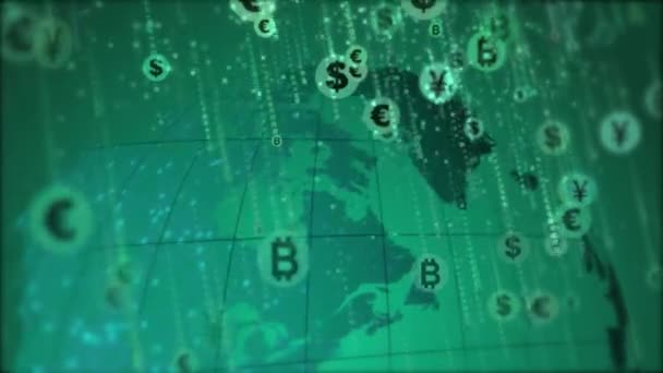 Dünya Para Birimi Sembolleri Dünya Gezegeninin Arka Planına Yağmur Gibi — Stok video