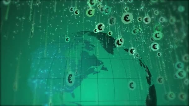 Simbol Euro Bulat Jatuh Seperti Hujan Latar Belakang Bola Bumi — Stok Video