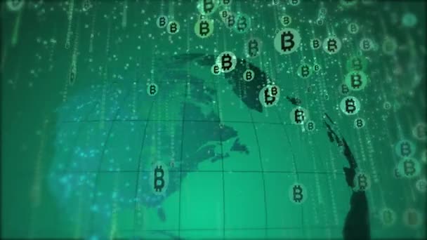 Okrągłe Symbole Bitcoinów Spadające Jak Deszcz Obracającym Się Tle Globu — Wideo stockowe