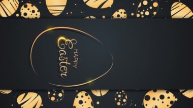Dikey video. Siyah arka planda desenleri olan Paskalya altın yumurtaları. Mutlu Paskalya yazıları. Döngülü tatil animasyonu.