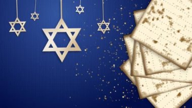 Mutlu Yahudi Hamursuzluğu. David 'in yıldızı ve mavi arka planda geleneksel matza ekmeği. Döngülü tatil animasyonu.