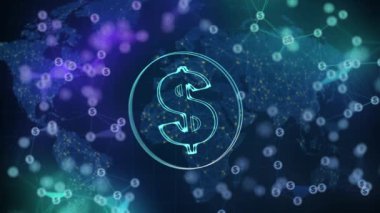 Dünya haritalı mavi bir arka planda parlayan dolar sembolü. Döviz işaretli renkli pleksus çizgileri. Döngülü 3 boyutlu canlandırma.