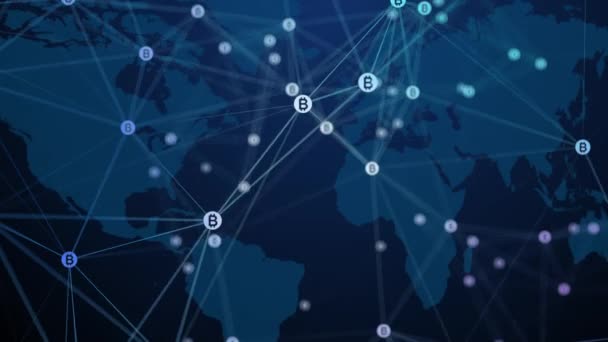Çizgilerle Birbirine Bağlı Bitcoin Sembollü Noktalar Koyu Mavi Bir Dünya — Stok video