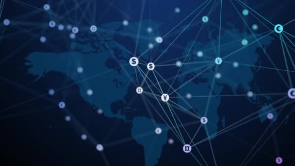 Çizgilerle Birbirine Bağlı Para Birimi Sembolleri Koyu Mavi Dünya Haritası — Stok video