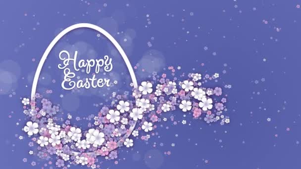青い背景に卵と小さな春の花の形をした幸せなイースターバナー ループ休日のアニメーション — ストック動画