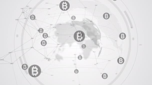 ビットコイン暗号通貨シンボル 回転する惑星の背景にある通貨アイコンの混沌とした動き 白いループの背景に数字と線を変更する — ストック動画