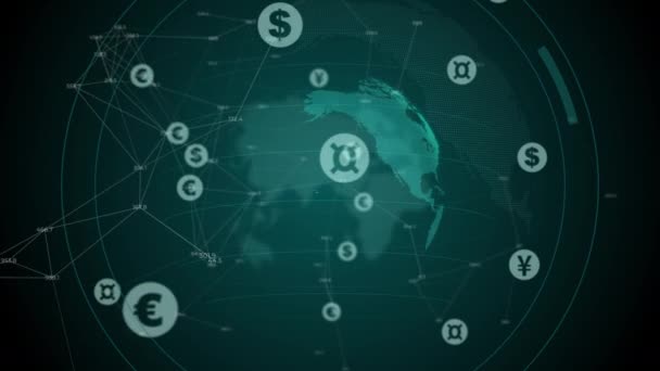 具有货币符号和地球的商业动画 带数字和线条的绿色背景 财务主题的摘要屏幕保护程序 — 图库视频影像