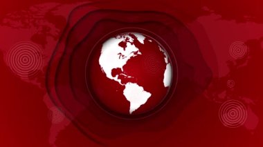 Dünya küresi bir dünya haritasıyla kırmızı bir zemin üzerinde dönüyor. Depremleri gösteren radikal daireler. Döngülü canlandırma.