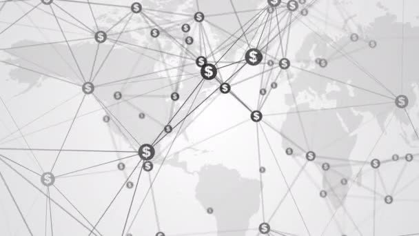 白い世界地図の背景に線で接続されたドルアイコンの抽象的な動き ぼやけた幾何学的多角形の要素を持つループビジネスアニメーション — ストック動画
