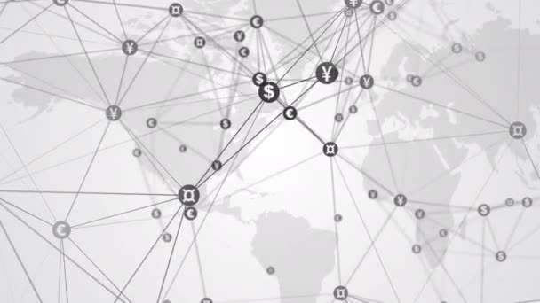 由线条连接起来的圆圈中的货币符号在白色世界地图背景上混乱地移动 带模糊钱币的循环动画 — 图库视频影像
