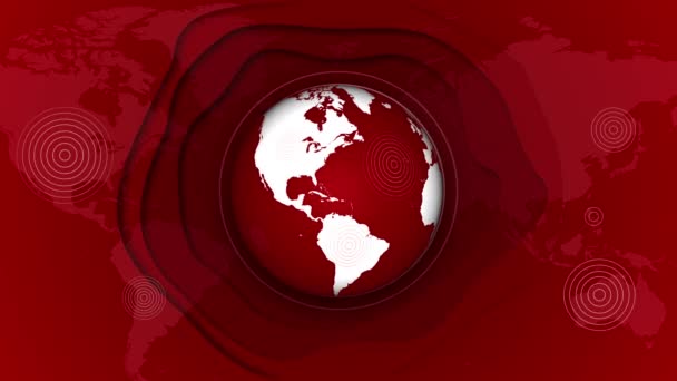 地球在红色背景上旋转 带有世界地图 径向圆圈表示地震 循环动画 — 图库视频影像