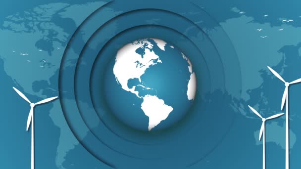 Turbinas Eólicas Fundo Mapa Mundo Planeta Terra Rotação Azul Animação — Vídeo de Stock