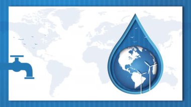Damlayan suyla su musluğu. Mavi gezegende dönen bir damla su. Üç boyutlu kesme kağıdı şeklinde döngülenmiş animasyon. Banner Dünya Su Günü.