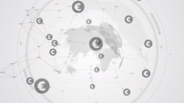 Піктограми Символом Євро Обертаються Всьому Світу Фінансові Показники Змінними Числами — стокове відео