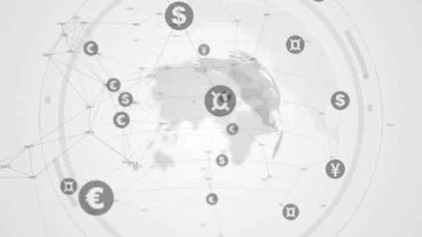 Επιχειρηματικό Animation Σύμβολα Νόμισμα Και Τον Πλανήτη Looped Λευκό Φόντο — Αρχείο Βίντεο