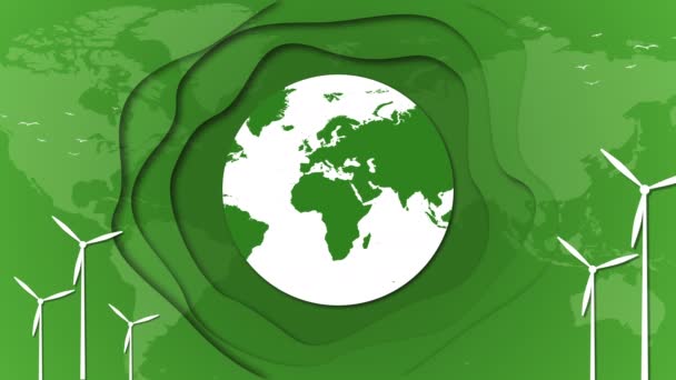 Анімація Планети Земля Вітряками Виробництва Енергії Вирізати Стиль Паперу Зелений — стокове відео