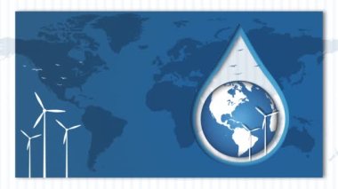 Mavi gezegende dönen bir damla su. Rüzgar jeneratörleri ve dünya haritası. Üç boyutlu kesme kağıdı şeklinde döngülenmiş animasyon. Banner Dünya Su Günü.