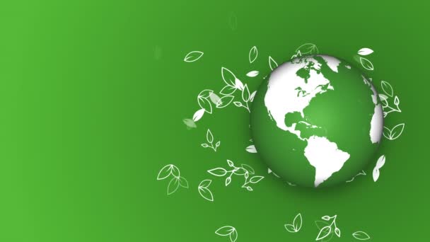 Miniplanet Jorden Roterar Grön Bakgrund Växtprydnad Med Blad Loopas Animation — Stockvideo