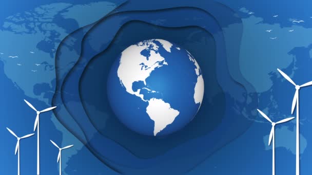 エネルギー生産のための風車と惑星地球の3Dアニメーション 切り紙のスタイル 世界地図と青の層状の背景 ループビデオ — ストック動画