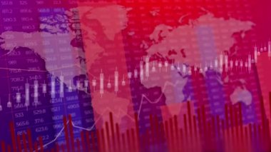 Yatırım eğilimlerinin dijital finansal tablosu. Sayılar ve değişken verilerle birlikte üç boyutlu renkli grafikler. İş için mavi ve kırmızı renklerde döngülenmiş arkaplan.