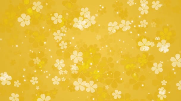 Flores Brancas Giram Voam Sobre Fundo Abstrato Amarelo Com Partículas — Vídeo de Stock