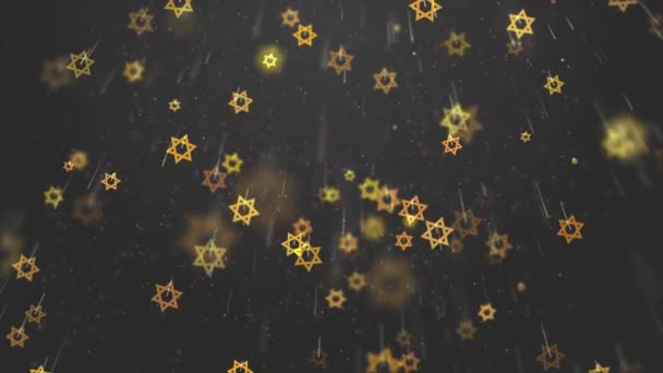 Davidovy Zlaté Hvězdy Otáčejí Letí Dolů Tmavě Šedém Pozadí Animace — Stock video