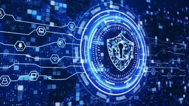 Icono Neón Escudo Seguridad Cibernética Protección Digital Datos Usuarios Red — Vídeo de stock