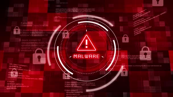 Предупреждение Red Malware Восклицательным Знаком Круге Цифрами Фон Текстовым Кодом — стоковое видео