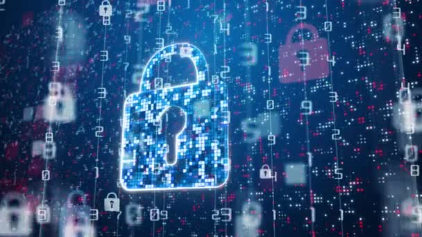 Digitaal Hangslot Veiligheidssymbool Blauwe Achtergrond Met Knipperende Nummers Pixels Cyberbeveiliging — Stockvideo