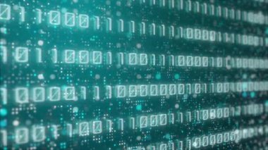 İkili bilgisayar kodlu soyut mavi arkaplan. Hızla sıfırları ve birleri değiştiren bir panel. Döngülü animasyon. Yanıp sönen bulanık benek noktaları.