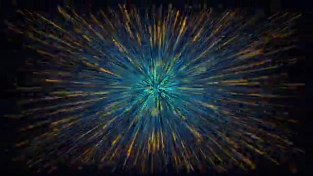 Космический Тёмный Фон Быстро Движущимися Жёлтыми Синими Неоновыми Частицами Вспышка — стоковое видео