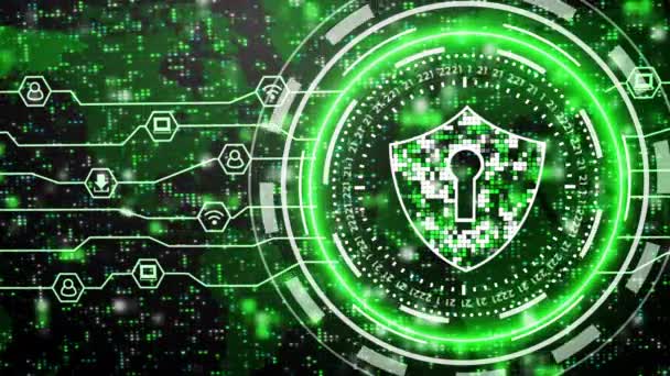 Netwerkgegevensbescherming Cyberbeveiliging Lock Shield Beweging Graphics Met Groene Neon Gloeiende — Stockvideo