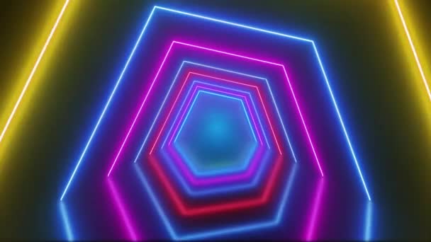 Colorful Moving Neon Tunnel Lines Portal Glowing Reflected Floor Looped — Stock Video